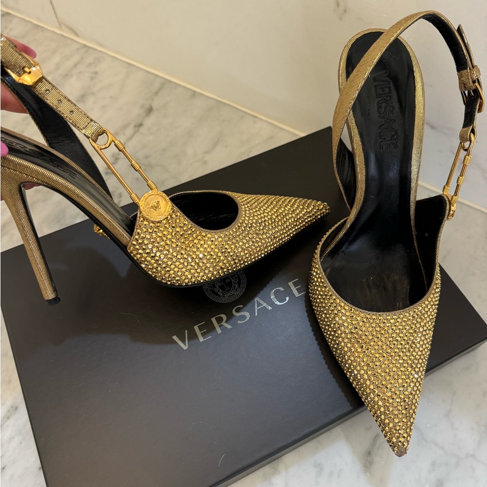 Versace Gold Crystal Embellished Pointed-Toe Slingback Heels